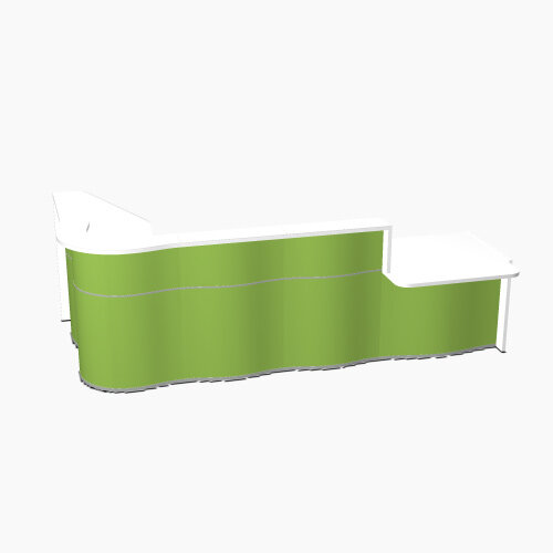 Wave Modern Design L-Shaped Reception Desk White Counter Top with Right Low Level Section & High Gloss Dark Green Front W3310xD1807xH1103mm