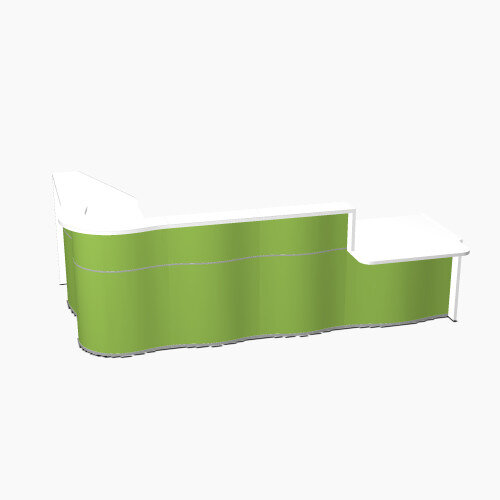 Wave Modern Design L-Shaped Reception Desk White Counter Top with Right Low Level Section Top &High Gloss Dark Green Front W3310xD1825xH1103mm Wave Modern Design L-Shaped Reception Desk White Counter Top with Right Low Level Section Top &High Gloss Dark Green Front W3310xD1825xH1103mm