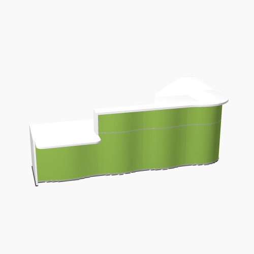 Wave Modern Design L-Shaped Reception Desk White Counter Top with Left Low Level Section Top &High Gloss Dark Green Front W3310xD1825xH1103mm Wave Modern Design L-Shaped Reception Desk White Counter Top with Left Low Level Section Top &High Gloss Dark Green Front W3310xD1825xH1103mm