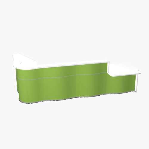Wave Modern Design L-Shaped Reception Desk White Counter Top with Right Low Level Section &High Gloss Dark Green Front W3750xD1807xH1103mm Wave Modern Design L-Shaped Reception Desk White Counter Top with Right Low Level Section &High Gloss Dark Green Front W3750xD1807xH1103mm