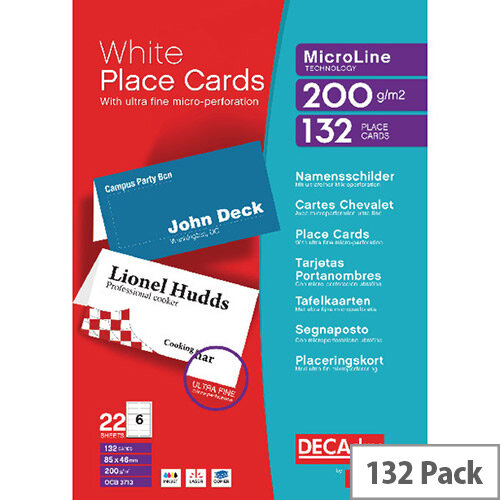 Decadry Perforated White Place Card 132 Pack – 85 x 46mm, 6 Cards Per A4 Sheet, 22 Sheets Per Pack, Micro-Perforated, 200gsm & Suitable For Inkjet and Laser Printers (DPOCB3713)