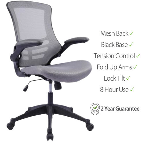 Deluxe Executive High Back Mesh Office Chair - Fold-Up Armrests - Tilt Back - Adjustable Padded Seat - Grey - Ergonomic Comfort for Workspaces - front view