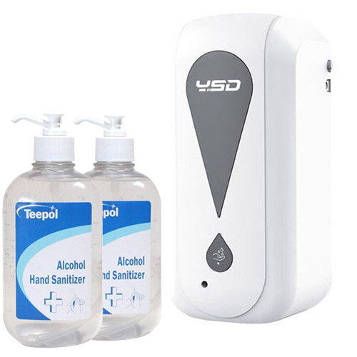 Touch-less Wall Hand Sanitizer & Soap Dispenser 1200ml White & 2 x 500ml Teepol - Fully Approved Ethanol Based Hand Sanitiser Gel Bundle 