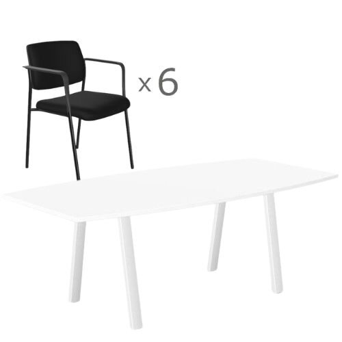 6 Person Boardroom Bundle - 2000mm White Switch One Piece Curved Meeting Table & 6 O.CUBE Series 4 Leg Stacking Chairs