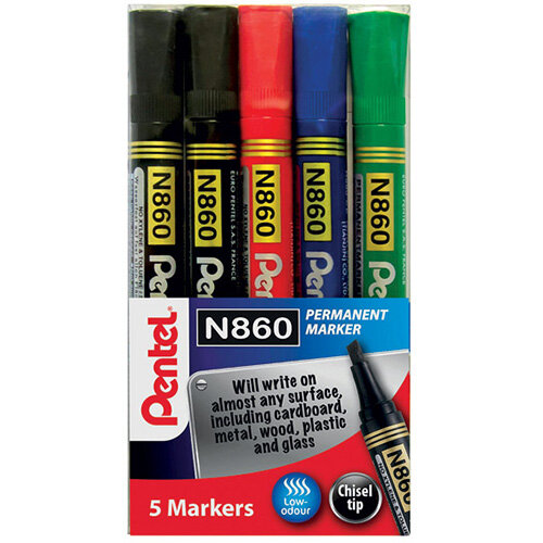 Pentel Chisel Tip Permanent Marker Assorted Pack of 5 YN860/5-M Pentel Chisel Tip Permanent Marker Assorted Pack of 5 YN860/5-M