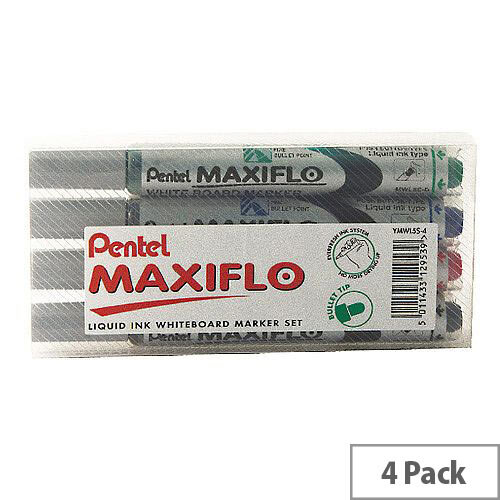Pentel Maxiflo Whiteboard Marker Fine Bullet Tip Hanging Pack Assorted Pack of 4 YMWL5S-4 Pentel Maxiflo Whiteboard Marker Fine Bullet Tip Hanging Pack Assorted Pack of 4 YMWL5S-4