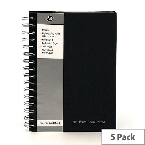 Pukka Pad A5 Black Wirebound 160 Page Notebook Pack of 5 SBWRULA5 Pukka Pad A5 Black Wirebound 160 Page Notebook Pack of 5 SBWRULA5