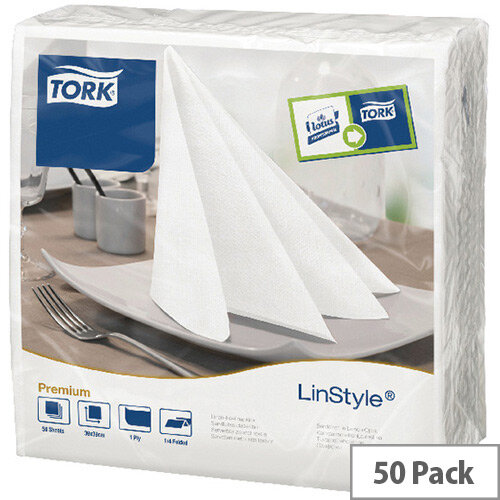 Tork LinStyle Dinner Linen Style Napkins 4 Fold Tissue 390x390mm White Pack 50