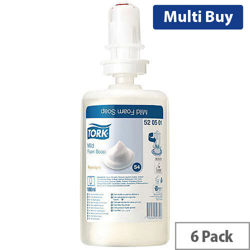 Tork Pack of 6 S4 Mild Foam Hand Cleaning Soap 1 Litre Cartridge Refills Ref 520501 Gentle on Hands