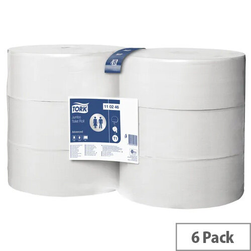 Tork T1 Dispenser Jumbo Toilet Paper Tissue Refill Rolls White 340m (Pack of 6) 110246