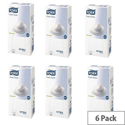 Tork Foam Soap Cartridge Refills with Pump Nozzle 0.8 Litre (Pack 6) 846530 Ref 4017960 Tork Foam Soap Cartridge Refills with Pump Nozzle 0.8 Litre (Pack 6) 846530 Ref 4017960