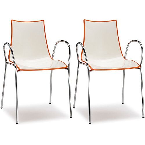 Zebra Bicolore Chrome Leg High Gloss Stacking Canteen Chair With Arms White/Orange Set Of 2 Zebra Bicolore Chrome Leg High Gloss Stacking Canteen Chair With Arms White/Orange Set Of 2