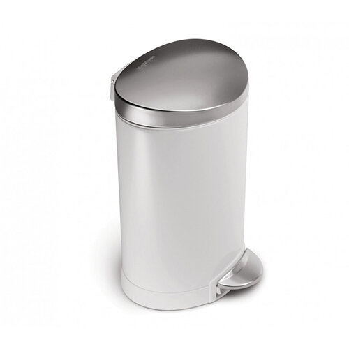 Simplehuman Semi-Round Steel Bin 6L Pedal Operated White Steel With Brushed Steel Lid & Pedal CW1835CB - Fits Well in Bathrooms or Wherever Space is Limited