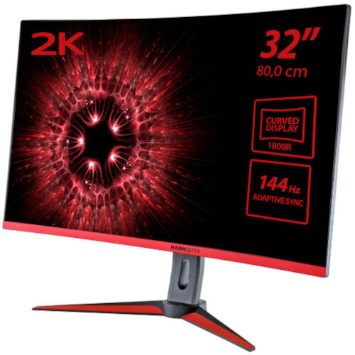 Hannspree Gaming Curved Monitor - 32" Screen 2K Resolution 2560x1440 QHD - LED Backlit, HDMI, DisplayPort, Mini DP - 144hz Refresh Rate - Stereo Speakers Built In - Colour: Black/Red Hannspree Gaming Curved Monitor - 32" Screen 2K Resolution 2560x1440 QHD - LED Backlit, HDMI, DisplayPort, Mini DP - 144hz Refresh Rate - Stereo Speakers Built In - Colour: Black/Red