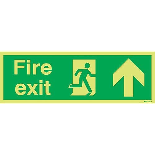 Safety Sign Niteglo Glow In The Dark Fire Exit Running Man Arrow Up 150x450mm PVC