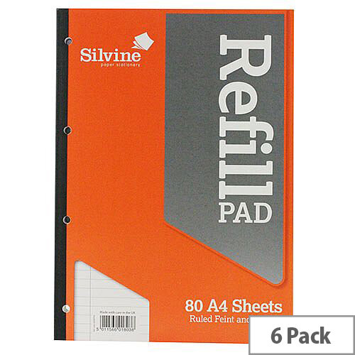 Silvine Refill Pad A4 Punched 4-Hole 80 Leaf Ruled Feint and Margin Side Bound Pack of 6 Silvine Refill Pad A4 Punched 4-Hole 80 Leaf Ruled Feint and Margin Side Bound Pack of 6
