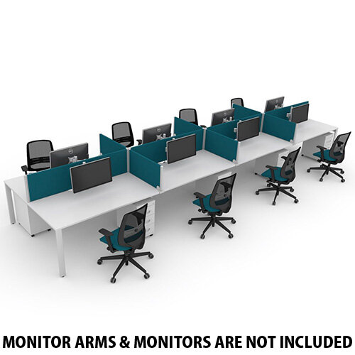 Switch 8 Person Bench Desk With Privacy Screens, Matching Under-Desk Pedestals &Chairs W 4x 1400mm x D 2x600mm Switch 8 Person Bench Desk With Privacy Screens, Matching Under-Desk Pedestals &Chairs W 4x 1400mm x D 2x600mm