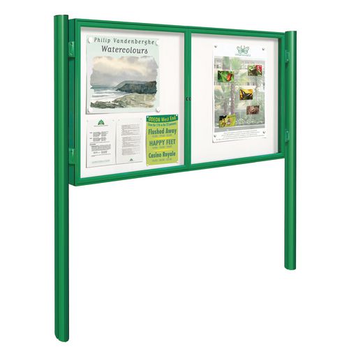 Painted '1000' Dual-Door Outdoor Notice Board 70mm Profile 24/A4 H1050xW1800mm + Pair Of Painted Quatro Posts Green