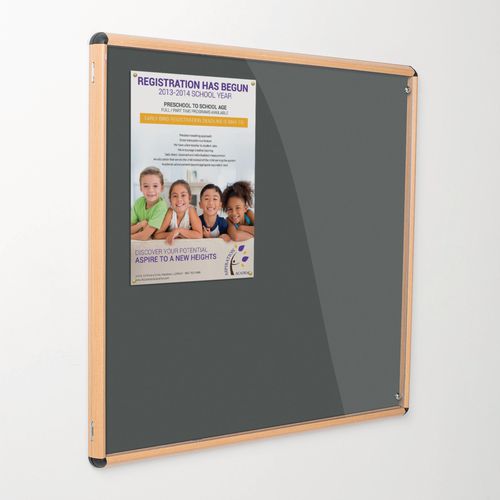 Shield Tamperproof Lockable Noticeboard Light Oak Effect Aluminium Frame 900x600 Gunmetal Grey