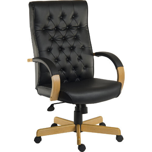 Warwick Traditional Office Chair Button Tufted Bonded Leather Backrest In Black With Light Wood Coloured Arms And Base Warwick Traditional Office Chair Button Tufted Bonded Leather Backrest In Black With Light Wood Coloured Arms And Base