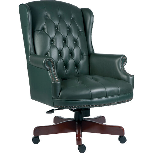 Chairman Executive Leather Faced Office Chair With Fruitwood Finish 5 Castor Base Green