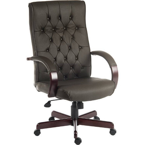 Warwick Traditional Office Chair Button Tufted Bonded Leather Backrest In Brown With Mahogany Colour Wooden Arms And Legs Warwick Traditional Office Chair Button Tufted Bonded Leather Backrest In Brown With Mahogany Colour Wooden Arms And Legs
