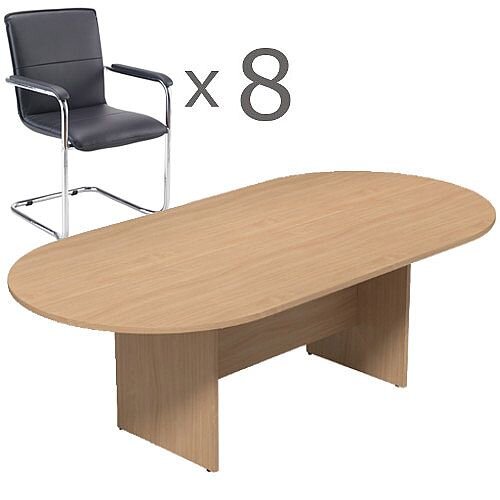 8 Person Boardroom Bundle - 2400mm Beech D-End Table & 8 Black Leather Look Armchairs