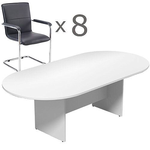 8 Person Boardroom Bundle - 2400mm White D-End Table & 8 Black Leather Look Armchairs