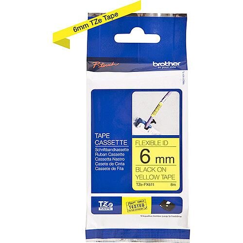 Brother TZe-FX611 6mm Black on Yellow Flexible ID Laminated TZe Tape Cassette 8 Metres Brother TZe-FX611 6mm Black on Yellow Flexible ID Laminated TZe Tape Cassette 8 Metres