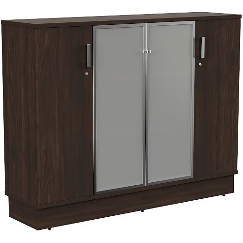 Grand Medium 2 Wooden & 2 Frosted Glass Door Credenza Cabinet W1605xD420xH1255mm Dark Walnut