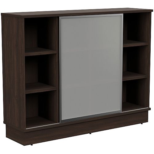 Grand Medium Cube Shelf Bookcase With Sliding Frosted Glass Door W1605xD420xH1255mm Dark Walnut Grand Medium Cube Shelf Bookcase With Sliding Frosted Glass Door W1605xD420xH1255mm Dark Walnut