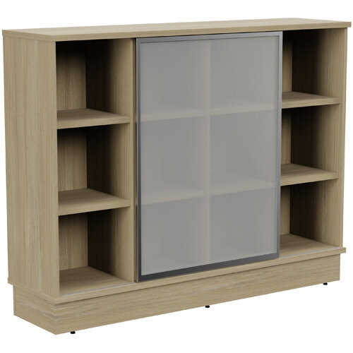 Grand Medium Cube Shelf Bookcase With Sliding Frosted Glass Door W1605xD420xH1255mm Urban Oak Grand Medium Cube Shelf Bookcase With Sliding Frosted Glass Door W1605xD420xH1255mm Urban Oak