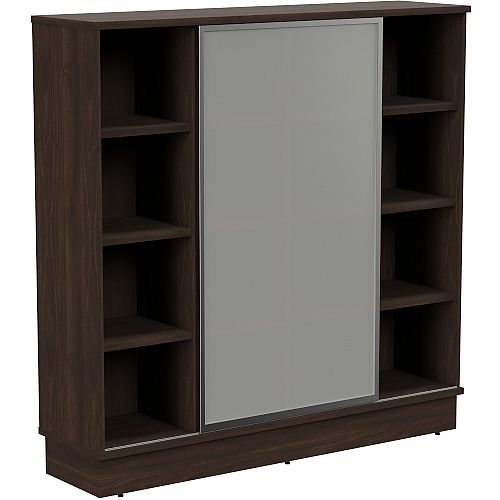 Grand Tall Cube Shelf Bookcase With Sliding Frosted Glass Door W1605xD420xH1615mm Dark Walnut Grand Tall Cube Shelf Bookcase With Sliding Frosted Glass Door W1605xD420xH1615mm Dark Walnut