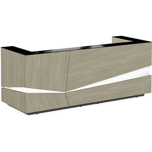 Illusion Modern Design Illuminated Arctic Oak Reception Desk with Black Glass Counter Top W2800xD1000xH1100mm Illusion Modern Design Illuminated Arctic Oak Reception Desk with Black Glass Counter Top W2800xD1000xH1100mm