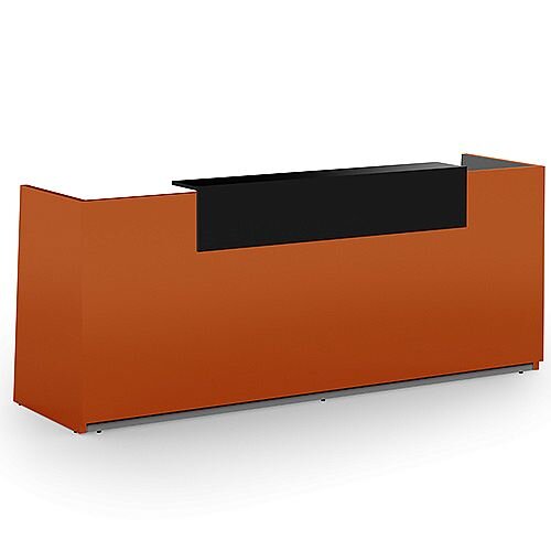 Libra Premium Minimalist Design Orange Acrylux Gloss Panel Reception Desk With Black Counter Top Panel W2600xD850xH1060mm Libra Premium Minimalist Design Orange Acrylux Gloss Panel Reception Desk With Black Counter Top Panel W2600xD850xH1060mm