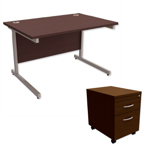 Office Desk Rectangular Silver Legs W1200mm With Mobile 2-Drawer Pedestal Dark Walnut Ashford