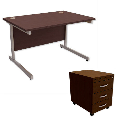 Office Desk Rectangular Silver Legs W1200mm With Mobile 3-Drawer Pedestal Dark Walnut Ashford