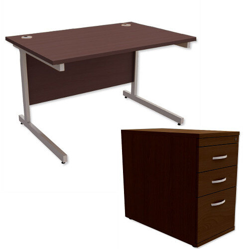 Office Desk Rectangular Silver Legs W1200mm With 800mm Deep Desk High Pedestal Dark Walnut Ashford