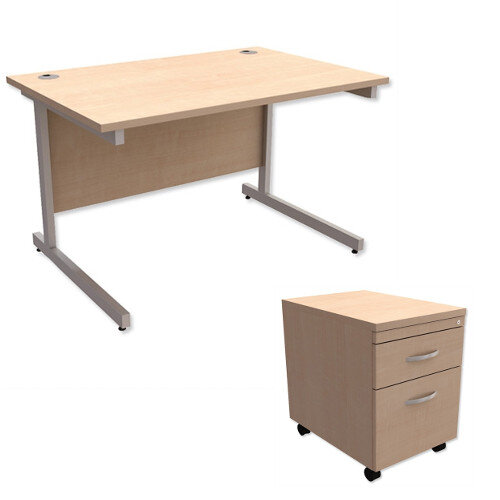 Office Desk Rectangular Silver Legs W1200mm With Mobile 2-Drawer Pedestal Maple Ashford