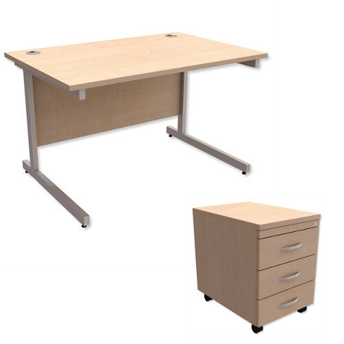 Office Desk Rectangular Silver Legs W1200mm With Mobile 3-Drawer Pedestal Maple Ashford