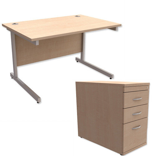 Office Desk Rectangular Silver Legs W1200mm With 800mm Deep Desk High Pedestal Maple Ashford