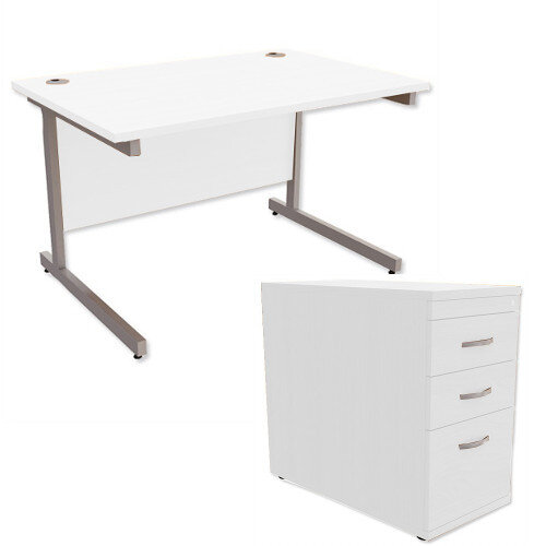 Office Desk Rectangular Silver Legs W1200mm With 800mm Deep Desk High Pedestal White Ashford