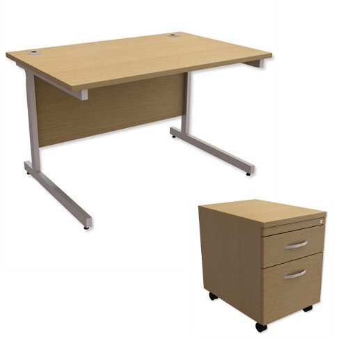 Office Desk Rectangular Silver Legs W1200mm With Mobile 2-Drawer Pedestal Urban Oak Ashford  – Cantilever Desk & Extra Storage , 25 Year Warranty