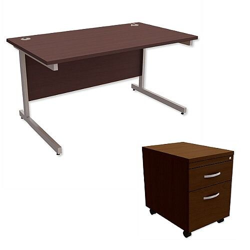 Office Desk Rectangular Silver Legs W1400mm With Mobile 2-Drawer Pedestal Dark Walnut Ashford