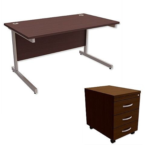 Office Desk Rectangular Silver Legs W1400mm With Mobile 3-Drawer Pedestal Dark Walnut Ashford