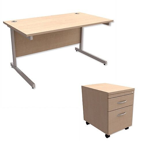 Office Desk Rectangular Silver Legs W1400mm With Mobile 2-Drawer Pedestal Maple Ashford