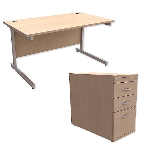 Office Desk Rectangular Silver Legs W1400mm With 800mm Deep Desk High Pedestal Maple Ashford