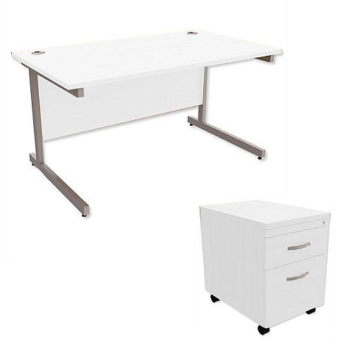 Office Desk Rectangular Silver Legs W1400mm With Mobile 2-Drawer Pedestal White Ashford