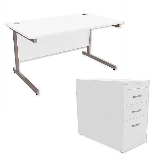 Office Desk Rectangular Silver Legs W1400mm With 800mm Deep Desk High Pedestal White Ashford