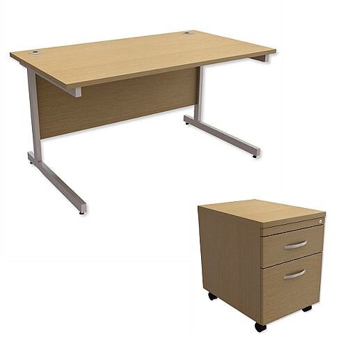 Office Desk Rectangular Silver Legs W1400mm With Mobile 2-Drawer Pedestal Urban Oak Ashford  – Cantilever Desk & Extra Storage , 25 Year Warranty